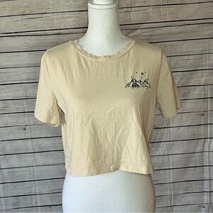 Cropped Cream T-shirt Embroidered Cabin In Woods